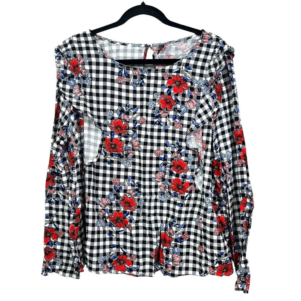 Massini Womens Blouse Top Floral Plaid Ruffled Long Sleeves Black White Sz XL*